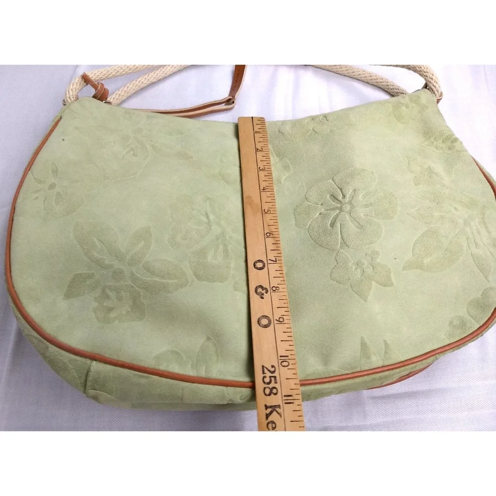 Claudia Firenze Italian Suede Leather Hobo Bag Pale Green Tan Trim Floral Zipper